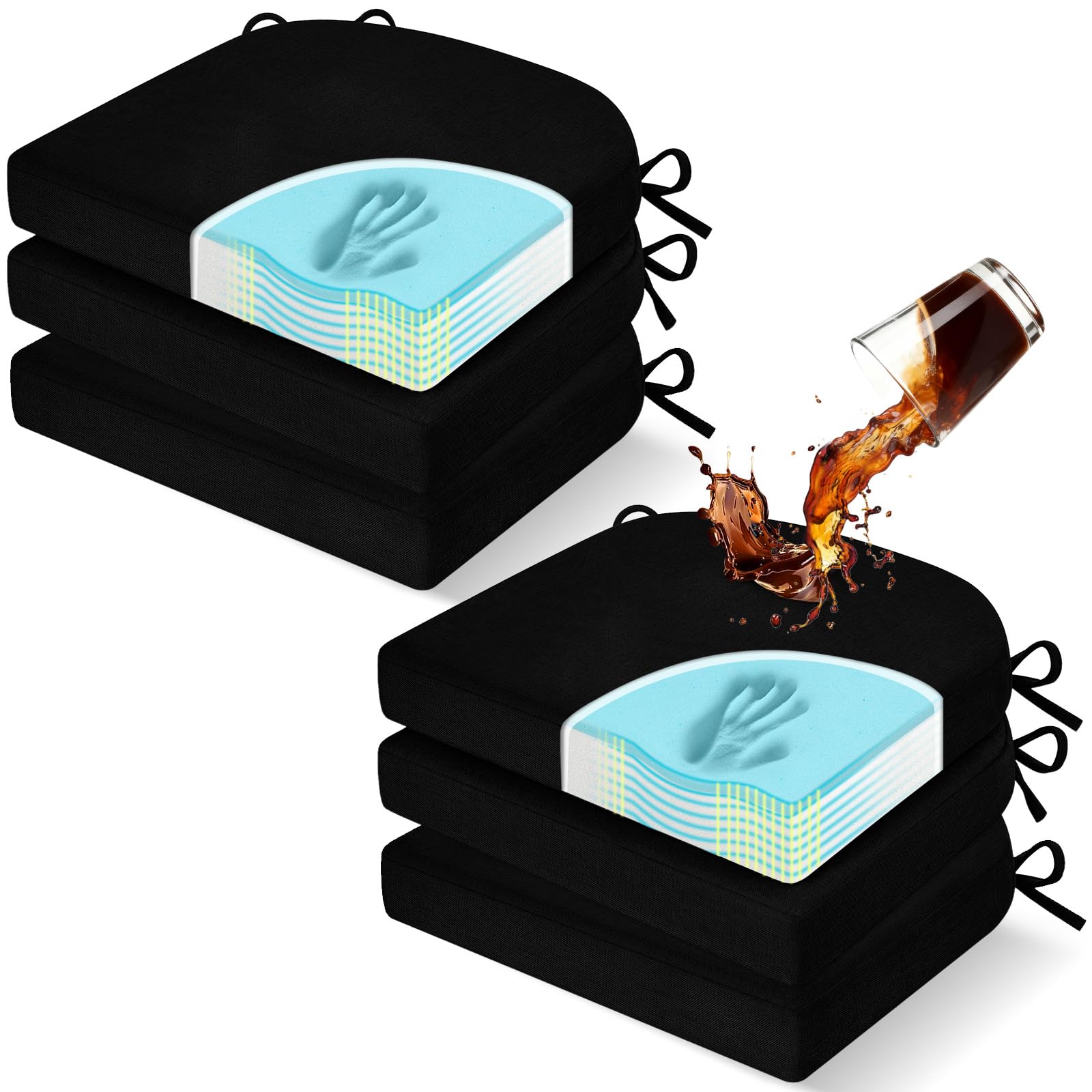 Photo 1 of downluxe Chair Cushions for Dining Chairs, Memory Foam Linen Kitchen Chair Pads with Ties, Waterproof, Stain-Resistant and Washable Cover, 17" x 16" x 2.5", Black, 6 Pack