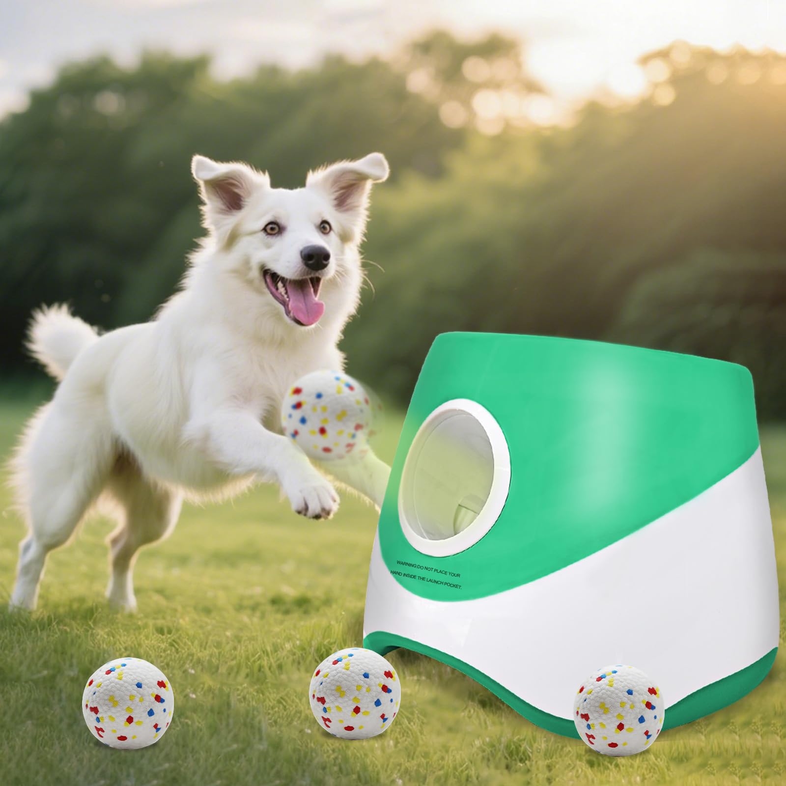 Photo 1 of MEKAPLE Automatic Dog Ball Launcher for Samll to Medium Dogs, Upgraded Interactive Toy Balls Thrower, Distance Adjustable Mental Stimulating Dog Toys with 4 Etpu Balls 2.2 Inch (Green)