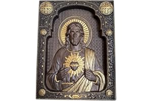 KOZAKWORKSHOP Sacred Heart of Jesus Handcrafted Wood Carved Catholic Icon of Our Lord Jesus Christian Wall Art & Inspirational Wall Decor - Handmade Jesus art 7x9 inches - Unique Catholic Gift