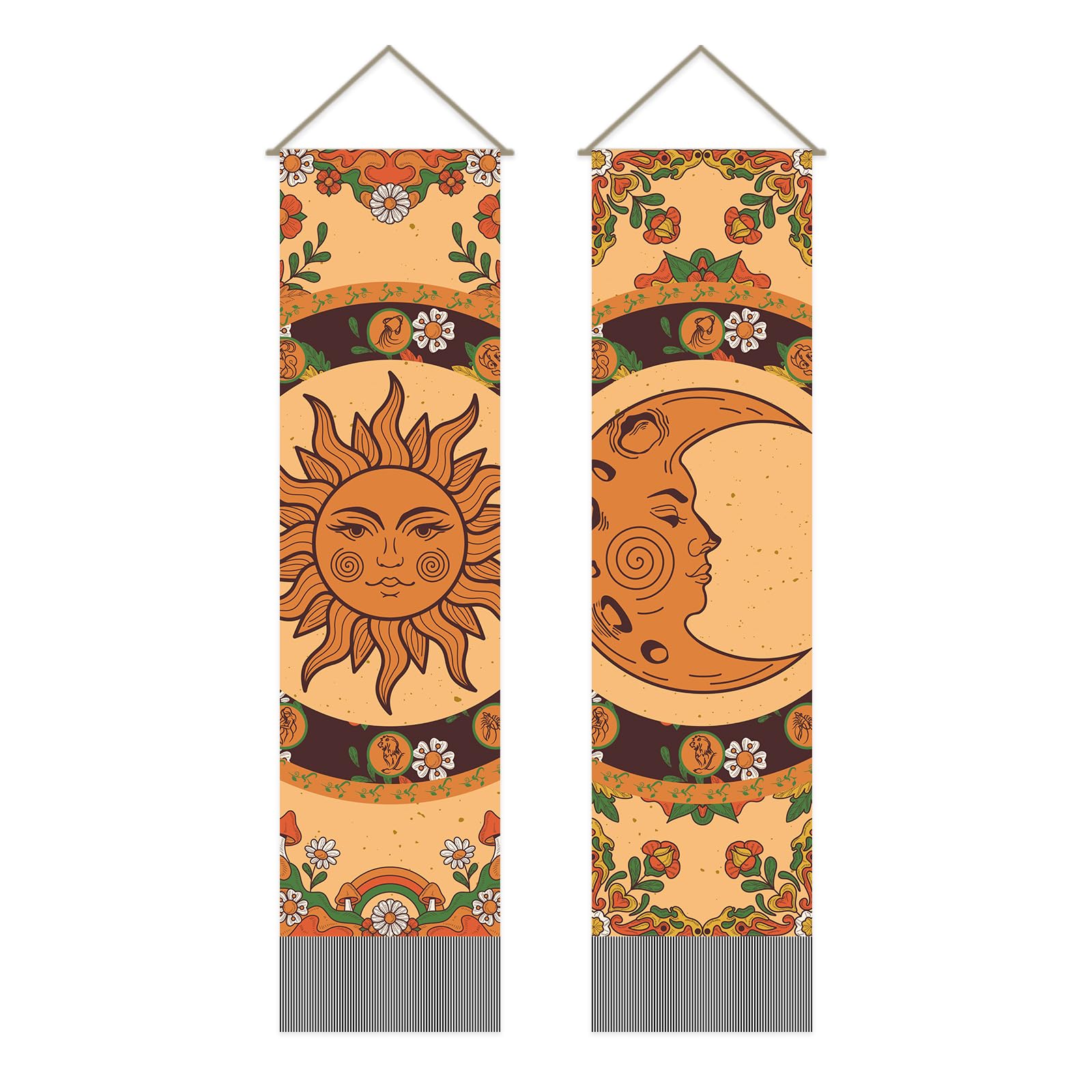 AHANDMAKER 2 Pcs Yellow Sun and Moon Tapestry, Hippie Bohemian Tapestry Orange Floral Cool Vintage Aesthetic Wall Hanging for Bedroom Living Room Dorm(51.18x12.99 inch) (AJEW-WH0399-016-EU20)