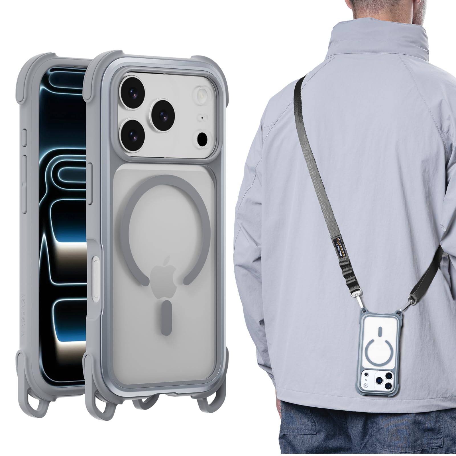 Photo 1 of MAGEASY Compatible with iPhone 17 Pro 6.3" Case with Strap - 20ft Ultimate Drop Protection Compatible with MagSafe, Aluminum Frame | Odyssey Strap M (Mist)