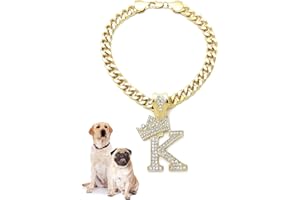 Icemond Rhinestone Studded Initial Pendant 26" Cuban Chain Fashion Costume Jewelry Necklace for Dogs Cats in Gold or Rhodium Tone (Gold - K)