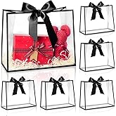 Ohuimrt 12 Pack Clear Plastic Gift Bags with Handles, Reusable Party Favor Bags with Ribbon for Wedding, Bachelorette Party, 12 x 10 x 5 Inch (Black)