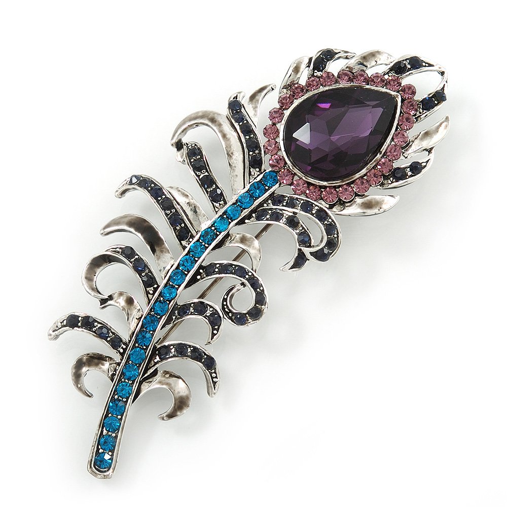 Stunning Vintage Inspired 'Peacock Feather' Brooch In Rhodium Plating (Teal/Dark Blue/Purple) - 80mm Length
