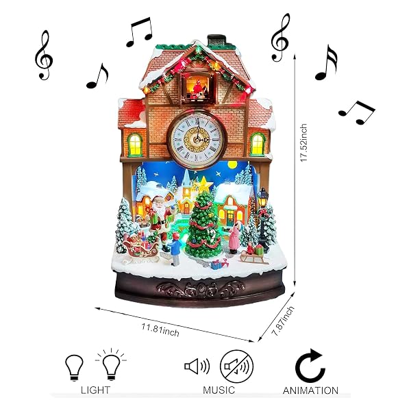 MOMENTS IN TIME CHRISTMAS VILLAGE CUCKOO CLOCK ANIMATED SANTA & TREE SCENE WITH LED LIGHTS AND MUSIC PLUG-IN ADAPTER HOLIDAY TABLETOP DECORATION (17.5”H)