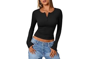 Usewon Women's Long Sleeve Shirt Fall Henley T Shirts Button Ribbed Knit Slim Fit Y2k Basic Blouse Tops Trendy 2025