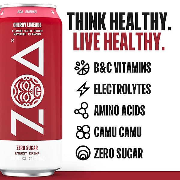 ZOA ZERO SUGAR ENERGY DRINK, CHERRY LIMEADE – SUGAR FREE WITH ELECTROLYTES, HEALTHY VITAMIN C, AMINO ACIDS, ESSENTIAL B-VITAMINS, AND CAFFEINE FROM GREEN TEA – 16 FL OZ (12-PACK)