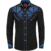DIFICIL SLOG Men's Western Cowboy Shirt Embroidered Exquisite Long Sleeve Regular Fit Snap Button Down Shirts