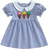 Little Kids Toddler Baby Girl Summer Clothes Puff Sleeve Doll Collar Dress Ice Cream Embroidery Stripe Dresses Playwear