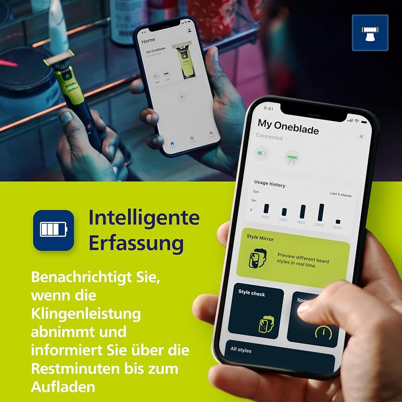 OneBlade 360 Face & Body mit App-Anbindung - Elektrischer Bartschneider, Rasierer und Bodygroom mit 360-Technologie, verstellbarer 5-in-1-Trimmaufsatz, 1x Körper-Kit, Reiseetui, QP4631/65