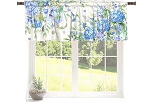 Cryomitron Spring Hydrangea Kitchen Window Valance Watercolor Blue Purple Floral Window Treatments Summer Hummingbird Leaves 