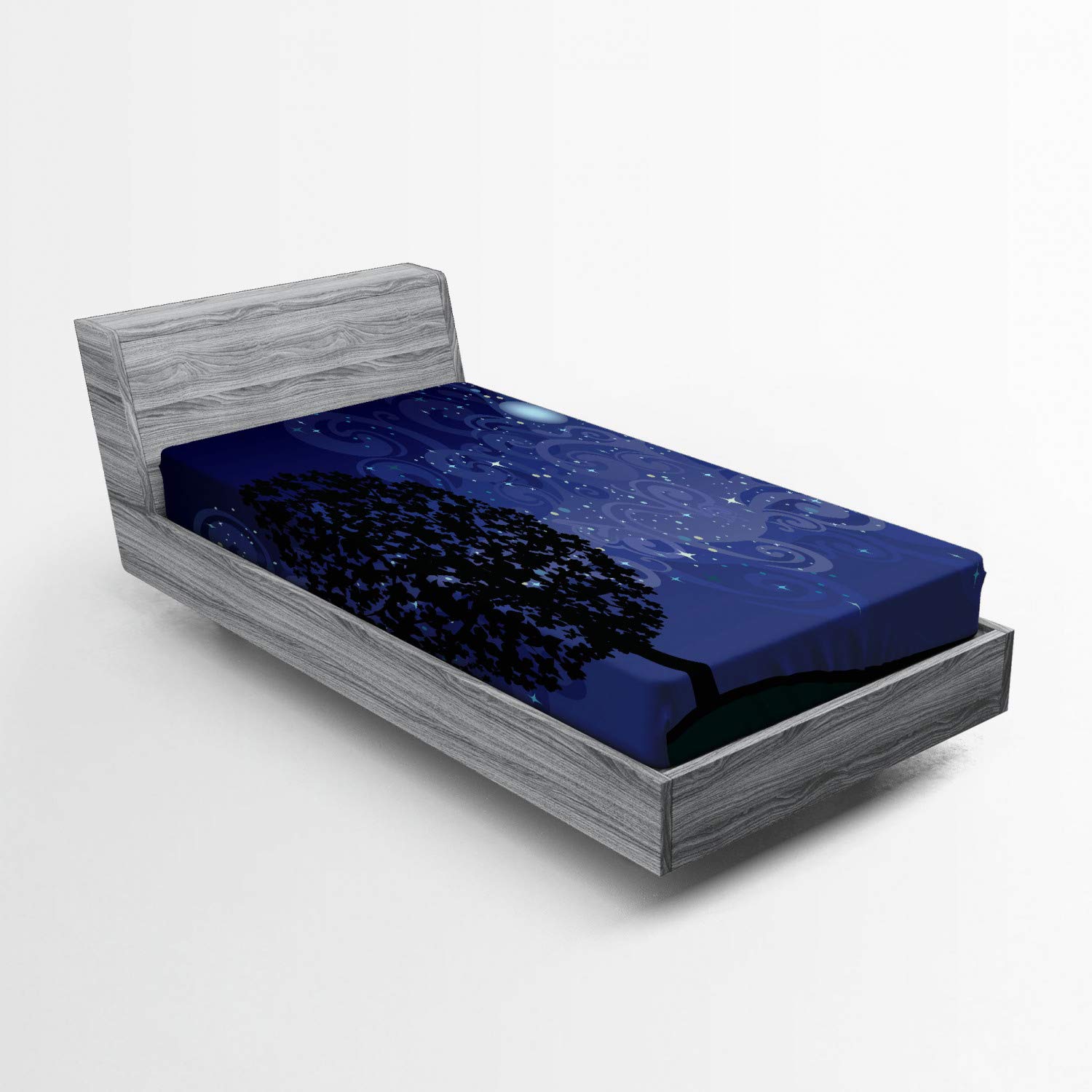 Ambesonne Starry Night Fitted Sheet, Tree on a Hill with Star Filled Sky and Moon Milky Way Galaxy, Soft Decorative Fabric Bedding All-Round Elastic Pocket, Twin Size, Charcoal Indigo