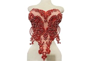 ZBROH Handmade red/Blue/Gold/Green Rhinestones lace Bodice Applique Sewing Beads Crystal Trim Patches Accessory for Dress Clothes (Red)