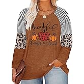 Plus Size Thanksgiving Shirts for Women Thankful Grateful Blessed Shirt Leopard Pumpkin Tshirt Fall Shirt