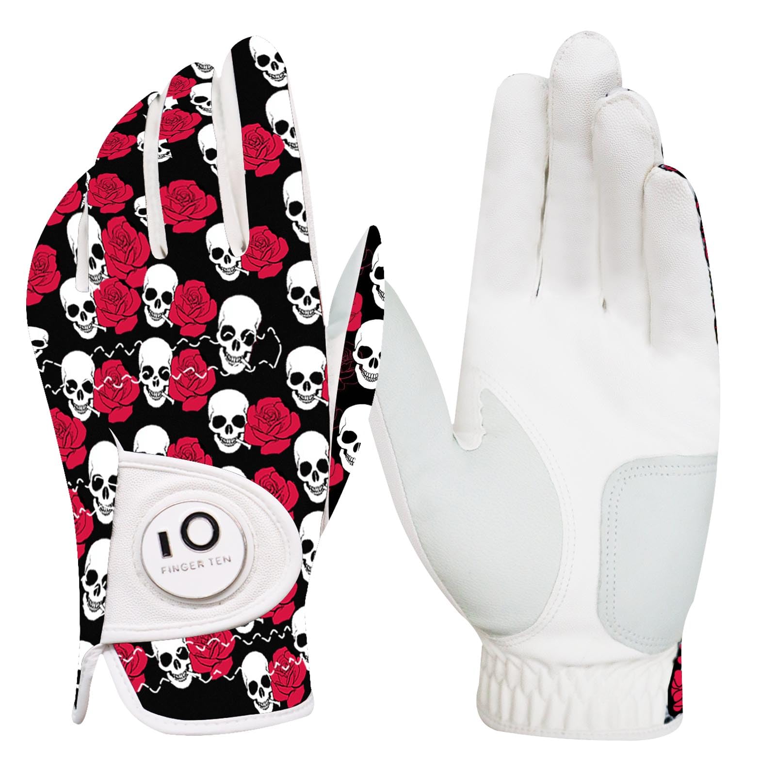 FINGER TEN Golf Gloves Men Left Hand Right with Ball Marker Cabretta Leather Weathersof Rain Grip Value Pack,Mens Golf Glove Fashion Pattern Wear Resistant (Black/Red-1 Pack, XL-Worn on Left Hand) — image 1