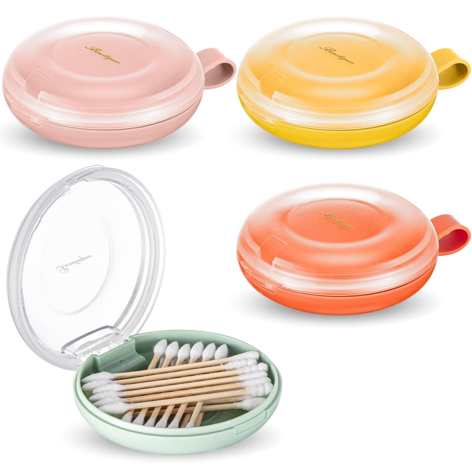 Photo 1 of Kigley 4 Pcs Hair Tie Container Cotton Swab Holder Travel Hair Tie Holder Clip Flosser Dispenser Hair Accessories Organizer Box with Lid Portable Hanging Small Items Desktop Travel Storage