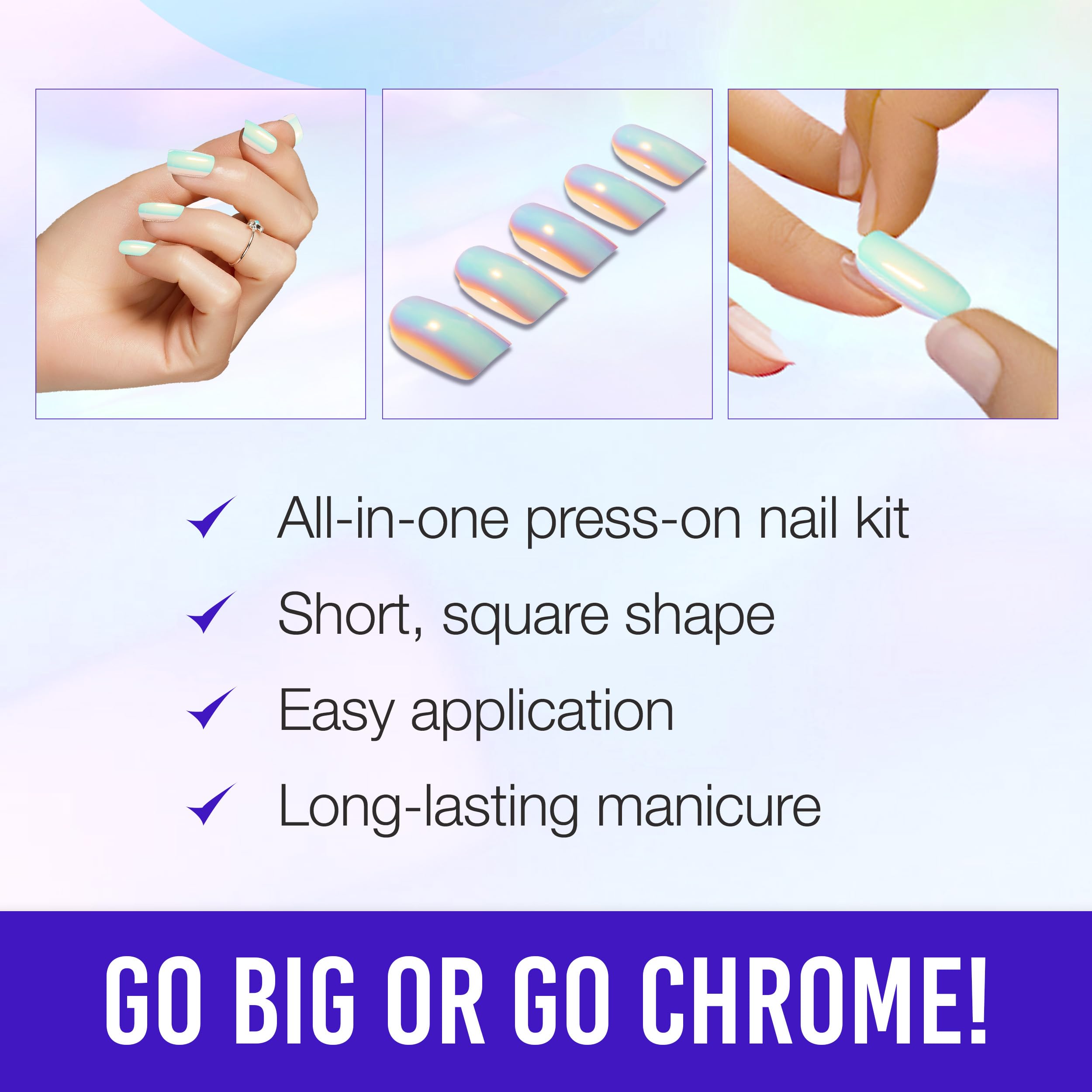 Ardell Nail Addict Chrome Aura, Press On Nails, Short Square Shape, Nail Kit, 1-Pack - Image 4