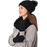 Double Couple 3pcs Winter Beanie Hat Scarf and Touch Screen Gloves Set for Women Knit Hat with Faux Fur Ball Scarves Glove