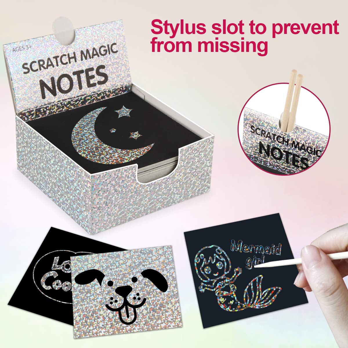 Mocoosy 400 Sheets Holographic Scratch Art Mini Notes for Kids, Glitter Rainbow Scratch Off Paper Arts Crafts Magic Scratch Note Cards Party Favor Supplies Goody Bag Stuffers Gift Box for Girls Boys