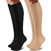 OUIVIAL Zipper Compression Socks Close Toe 2 Pairs for Women&Men 15-20mmHg Knee High Support Socks for Running Cycling