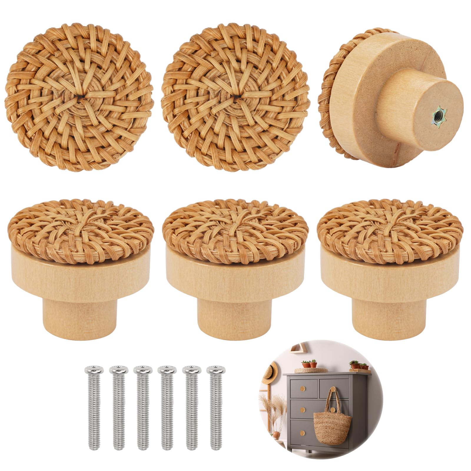 Jinsion 6 Pcs Wooden Drawer Knobs with 6 Pcs Screws, 4 x 3 cm Wooden Door Knobs, Vintage Boho Rattan Cabinet Knobs, Round Wooden Drawer Handles for Kitchen, Furniture, Cabinets, Cupboard