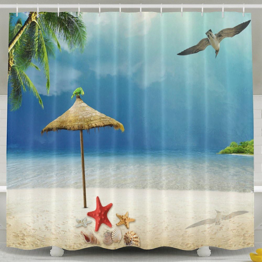 Yoshop Beach Starfish Seashells Bird Umbrella Waterproof Polyester Fabric Shower Curtains 60" x 72" Bathroom Curtain