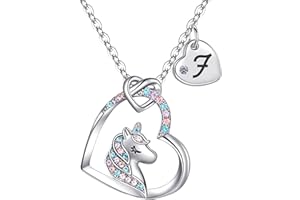 Rucher Unicorn Necklace for Girls Kids with Personalized Initial Heart Pendant, 18K Gold Fashion Jewelry for Girls, Colorful Heart Necklace for Birthday Gifts.