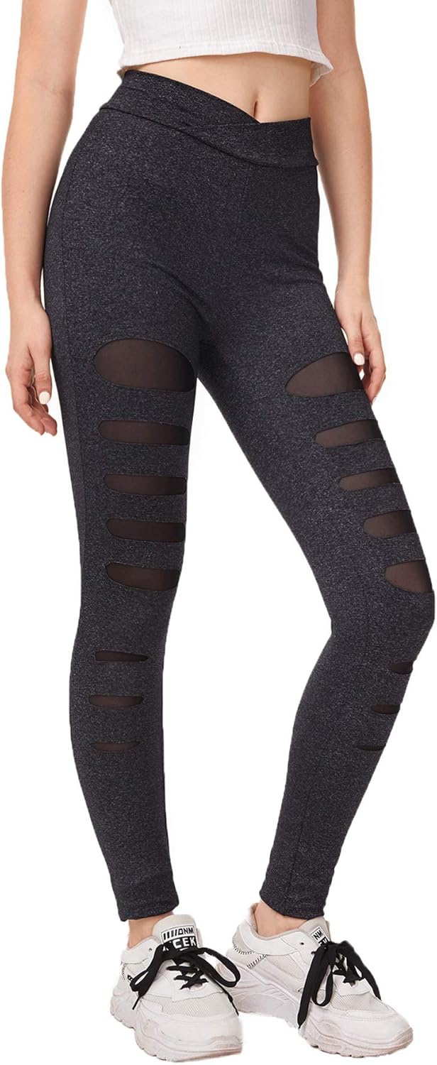 SweatyRocks Women's Legging Mesh Insert Ripped Tights Yoga Slim Pants at  Women’s Clothing store