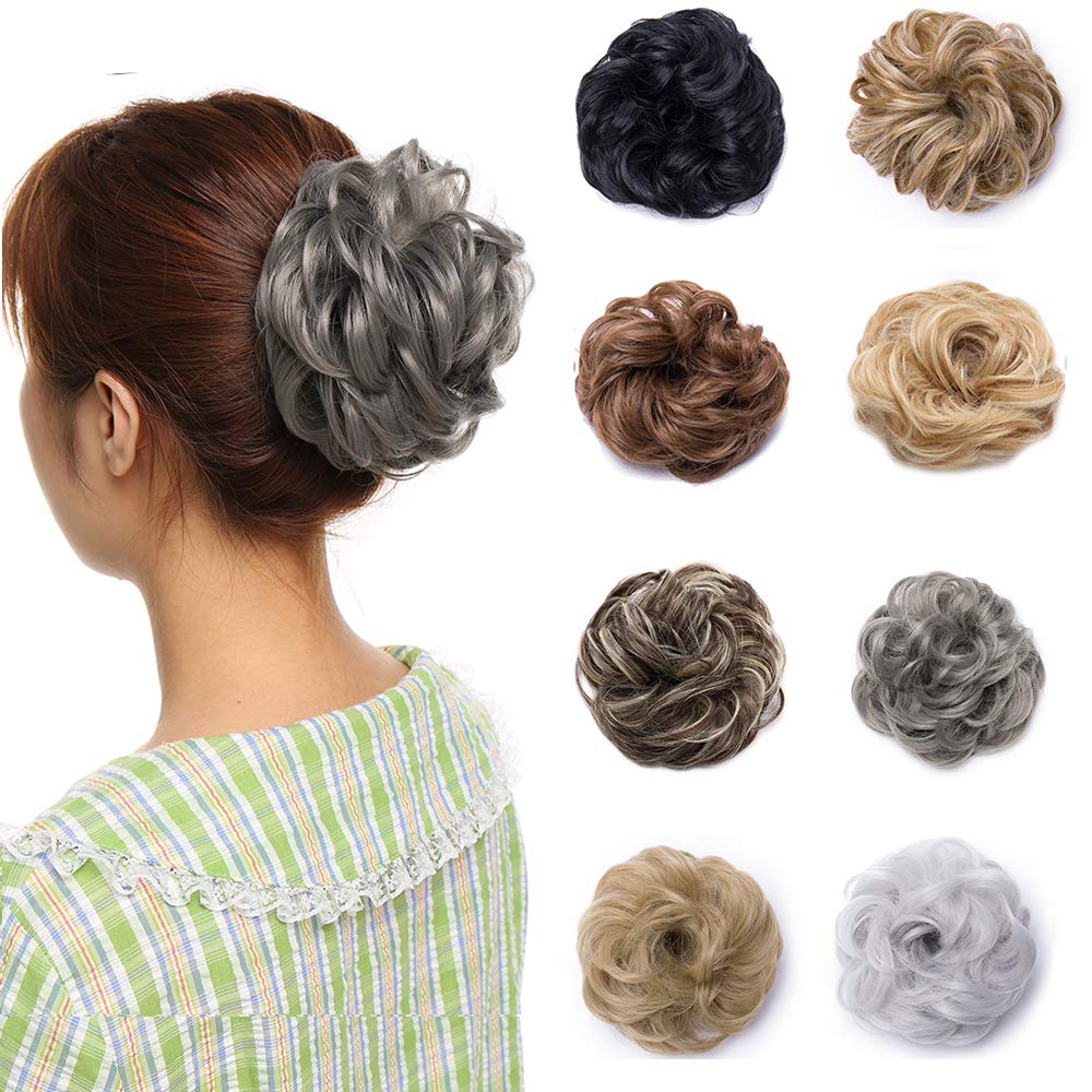 Silk-co Updo Hairpiece Scrunchy Scrunchie Hair Bun 35g Ribbon Ponytail Extensions Wavy Curly Messy Donut Chignons Hair Piece Dark Grey