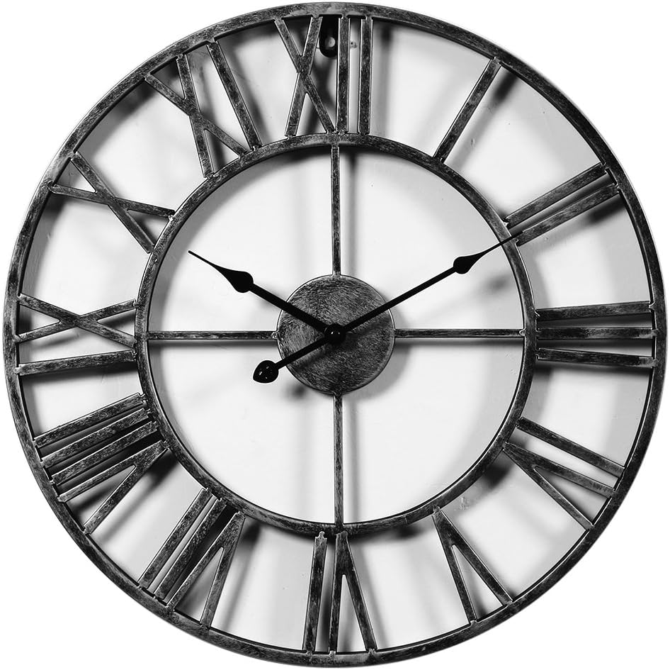 LVPY Creative Large Traditional Vintage Style Silver Iron Wall Clock with Roman Numerals