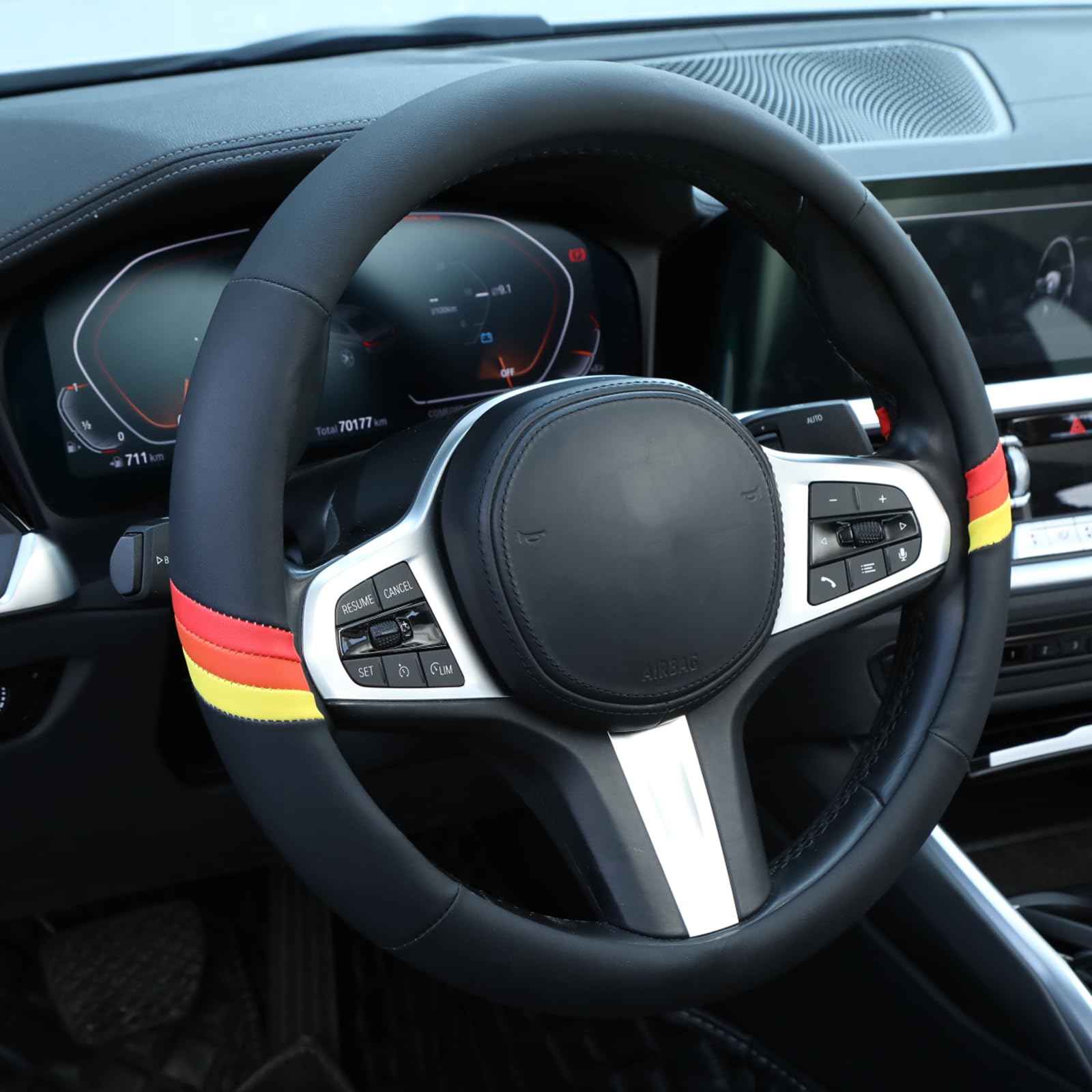 Photo 1 of 15.5 Inch Retro Tri-Color Stripes Sport Leather Steering Wheel Cover for Toyota TRD Tacoma 4Runner Tundra Highlander Land Cruiser Fj Cruiser, Non-Slip, Breathable, Accessories for TRD