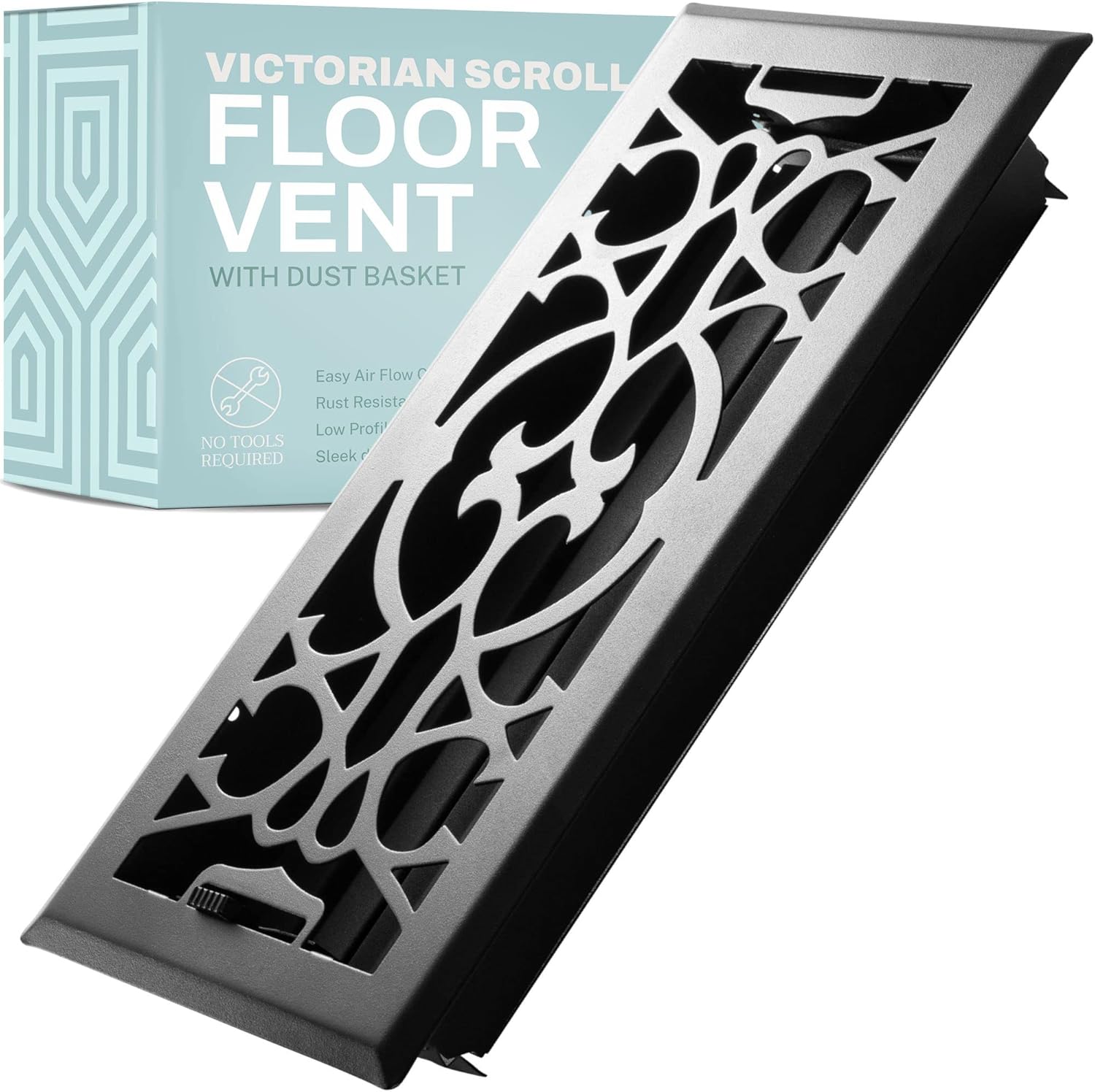 Registers, Grilles & Vents - Home Intuition Victorian Scroll 2x12 Inch Decorative Floor Register Vent with Mesh Cover Trap, Matte Black