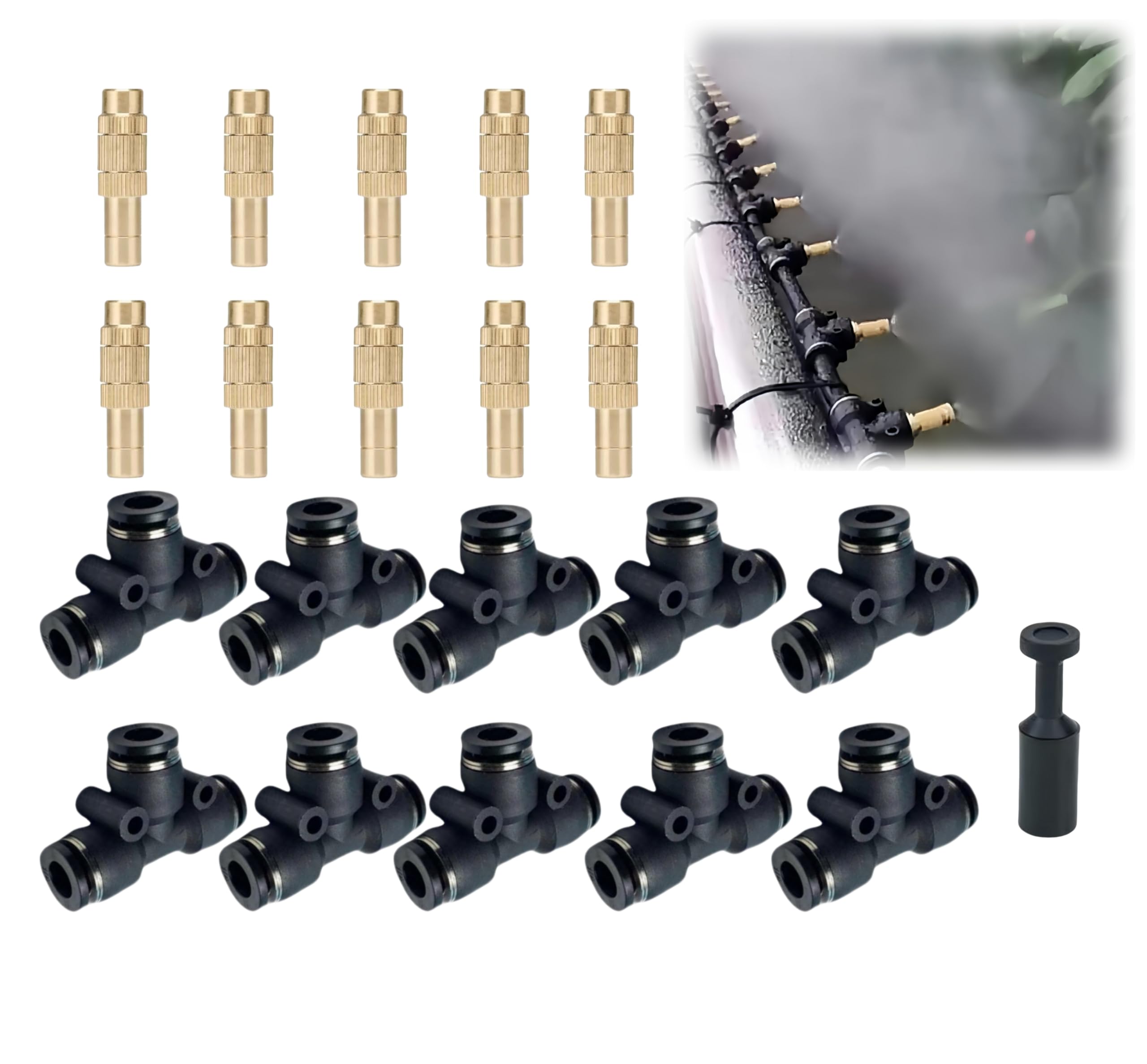 Photo 1 of 10 pk 3/8-inch OD Brass Misting Nozzles Tee Adjustable Copper Sprayer, Three Section Type,0.039"/1mm Orifice?Watering Plant Drip Irrigation Pneumatic Fittings Connection for Watering Garden