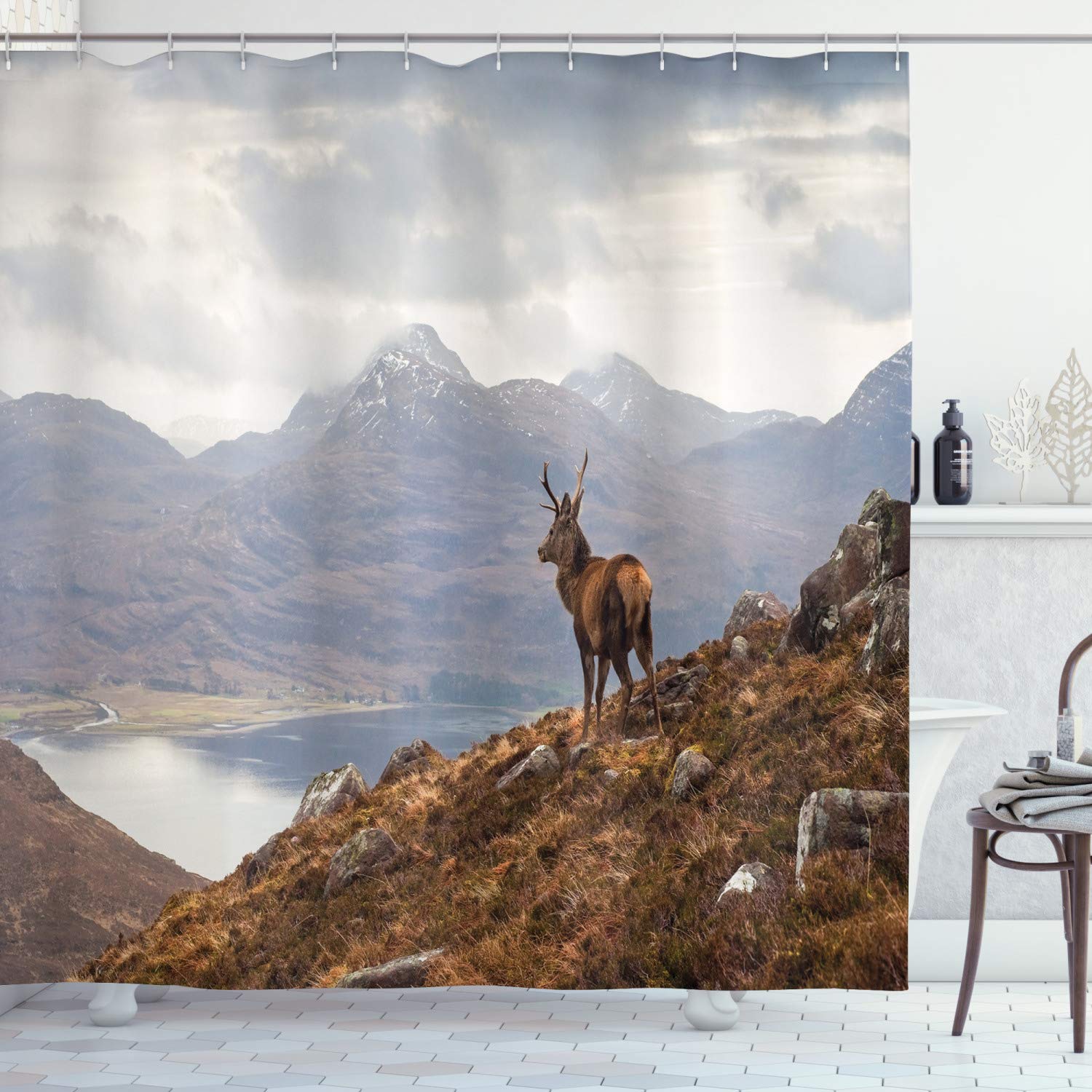 ABAKUHAUS Deer Shower Curtain, Wild Stag Overlooking Loch Torridon and Dramatic Western Ross Mountain Nature View, Cloth Fabric Bathroom Decor Set with Hooks, 86 Inches Extra Long, Brown White โ image 1