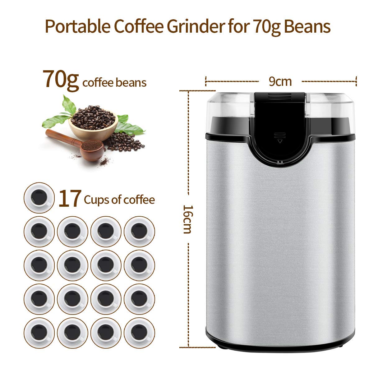 Molinillo de Café Eléctrico, Molinillo de Semillas Especias Frutos Secos con Cuchillas Acero Inoxidable de 150W Potencia Acero Inoxidable Viene con Cepillo para Limpieza, disfrute extraordinaria