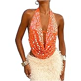 SOLY HUX Women's Sequin Glitter Halter Crop Tank Top Sparkly Backless Deep Cowl Neck Going Out Vest Clubwear