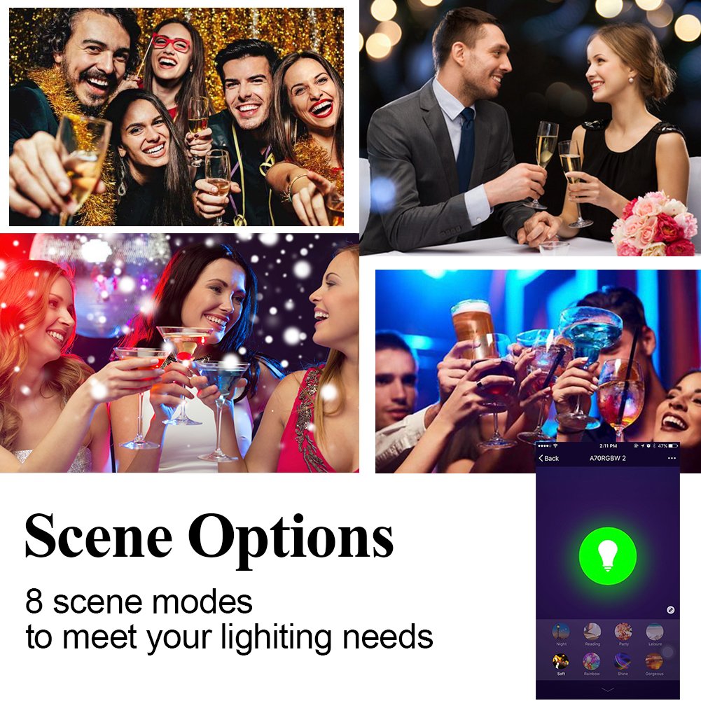 Smart Bulb WiFi Light, Dimmable Multicolored Light Bulbs（10W）, Smartphone Controlled Daylight & Night Light, No Hub Required,Free APP Remote Control, Works with Alexa(1 Pack)