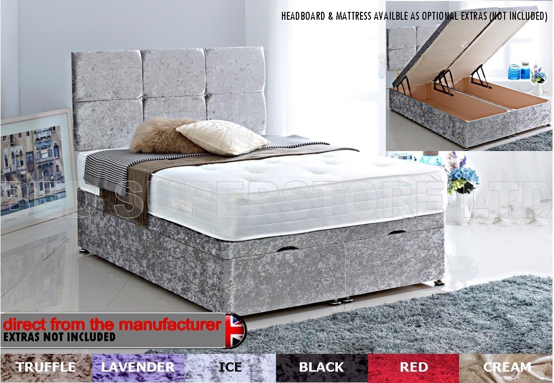 Designer Beeds CRUSHED VELVET Fabric OTTOMAN Divan gas END LIFT Storage Bed Base 3ft, 4ft, 4ft6, 5ft, 6ft (4 ft 6 Double, Ice) BED BASE ONLY