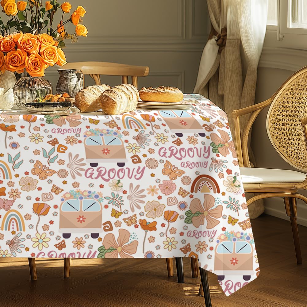 ORIGACH Groovy Boho Tablecloth for 60s 70s Themed Party Flower Butterfly Rainbow Rectangle Table Cloth Seasonal Table Cover for Baby Shower Carnival Birthday Party Supplies Favors, 229 x 152 cm