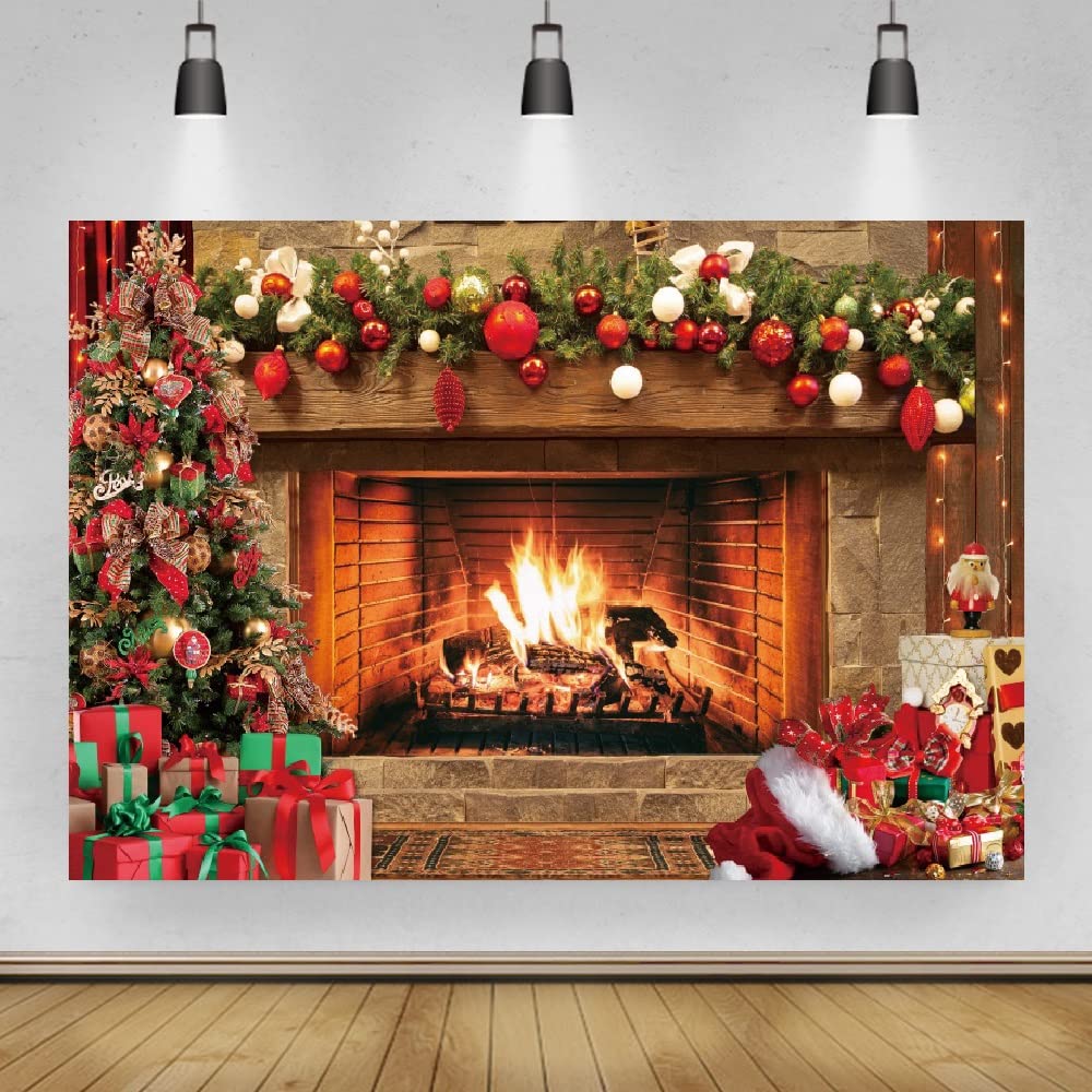 Bovlleetd 7x5ft Fireplace Background Christmas Tree Colorful Gift Box Photography Background Christmas Themed Activities Party Decoration Banner for Photo Booth Props Boudoir Decor