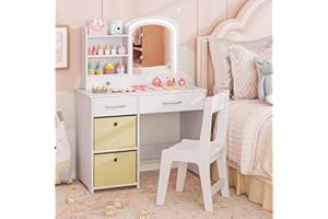 Costzon Kids Vanity with Lights, Princess Makeup Dressing Desk with Mirror and Stool, Storage Drawers, Shelves, Vanity Table and Chair Set for Little Girls (White)