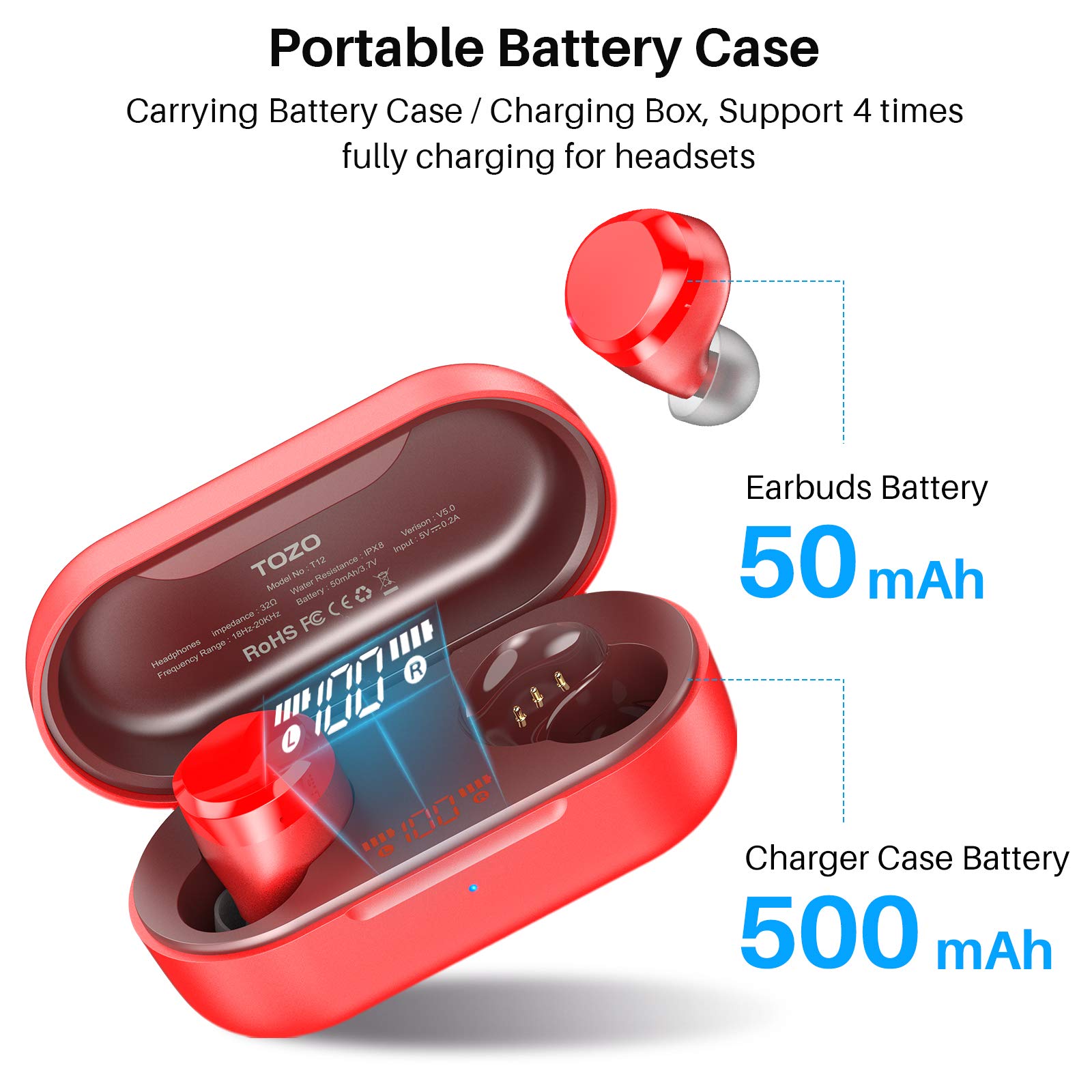 TOZO T12 Wireless Earbuds Bluetooth 5.3 Headphones Premium Sound Performance Touch Control LED Digital Display Wireless Charging Case Earphones Red