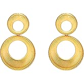 18K Gold Dangle Earrings, Suitable for Women Earrings, Thick and Sturdy Hypoallergenic, Fashion Jewelry, Exaggerated Earrings, Double Ring Splicing Stripe Earrings, Trendy Jewelry Gifts.