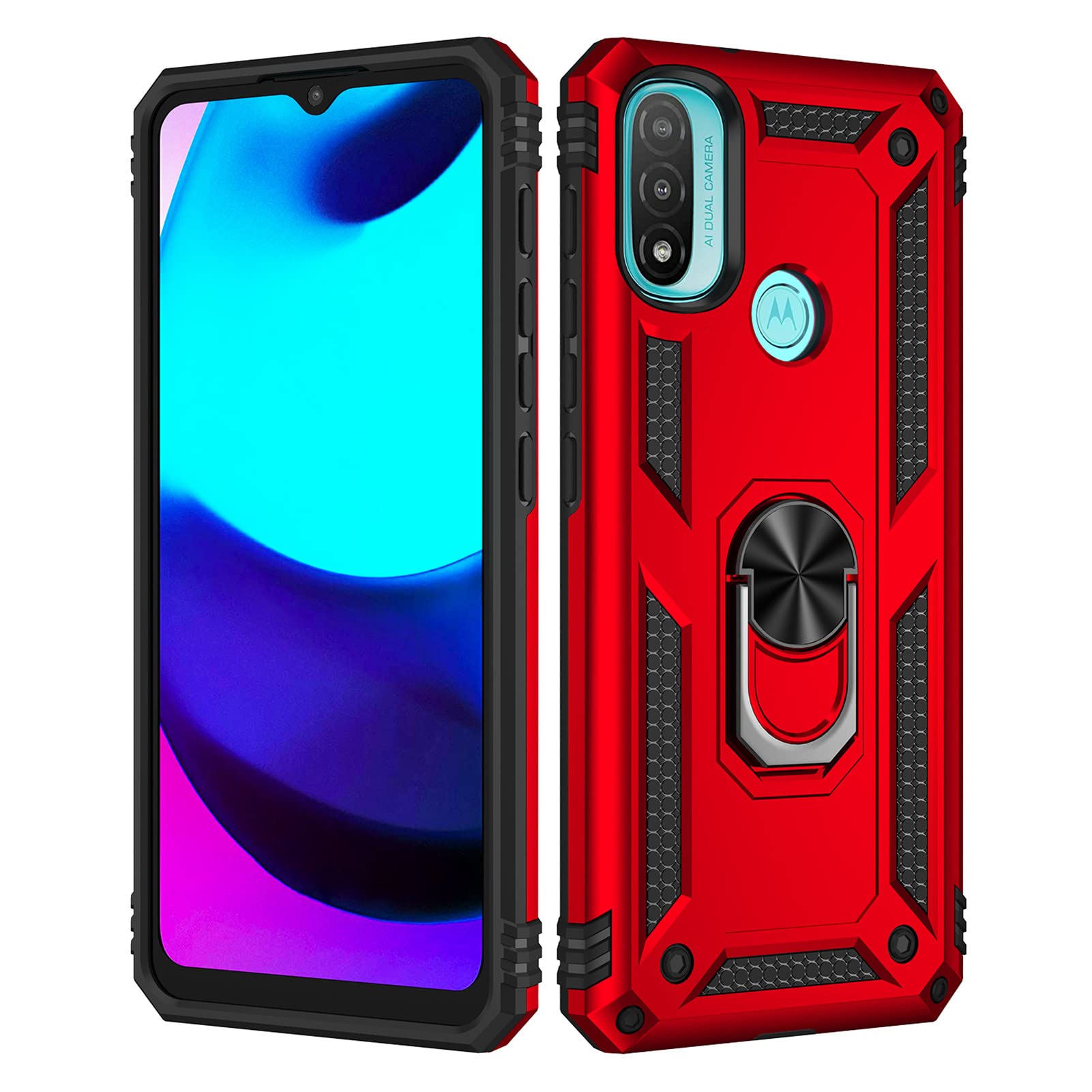 SHYXGLON for Motorola E30 Case, Moto E30 Cover with Screen Protector Armor Silicone Shockproof Double Layer Military Grade Ring Holder Bracket Kickstand Case for Motorola Moto E30 (Red)