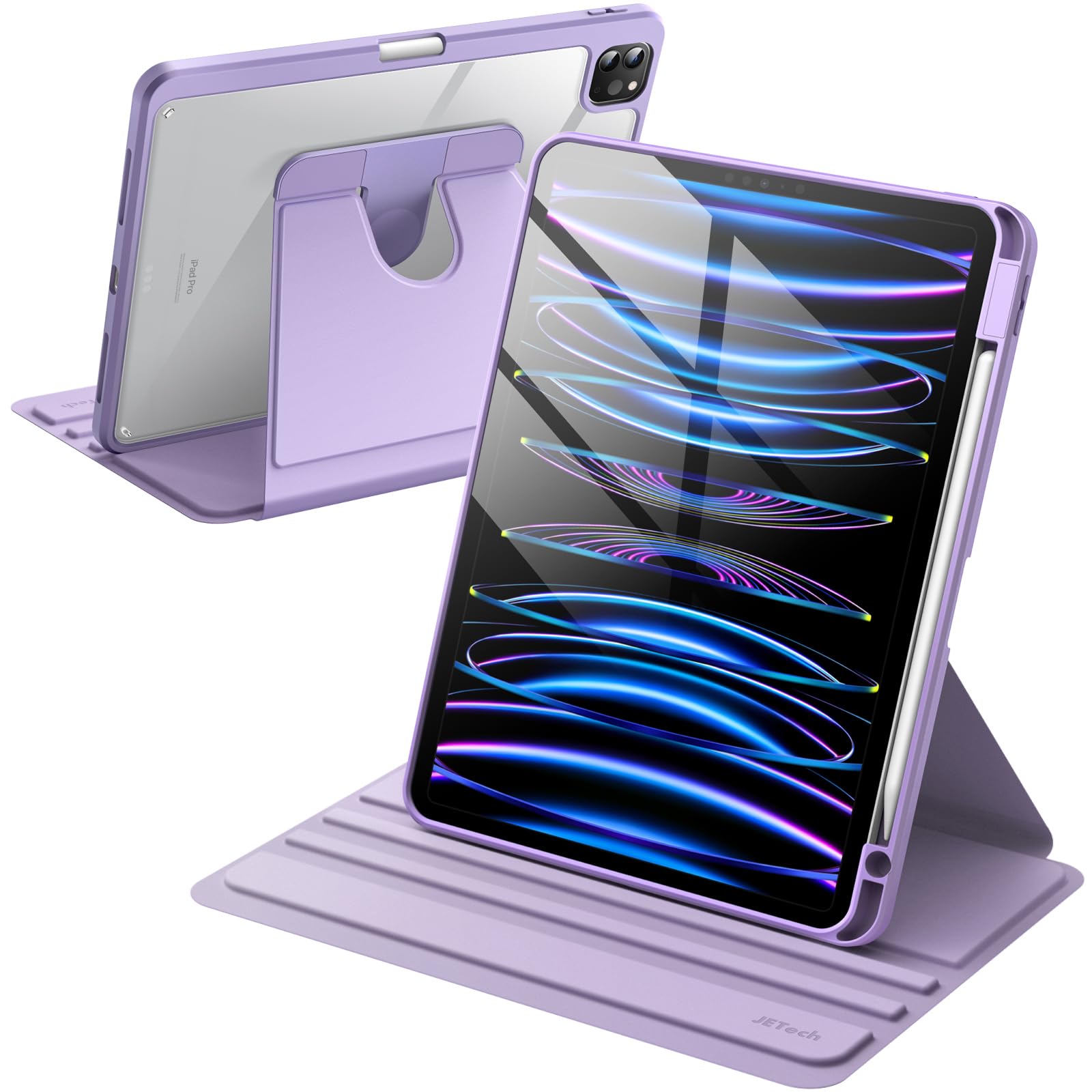 JETech Rotating Case for iPad Pro 11-Inch 2022/2021(4th/3rd gen) with Pencil Holder, 360 Degree Rotation Protective Stand Cover Clear Back, Auto Wake/Sleep (Light Purple)