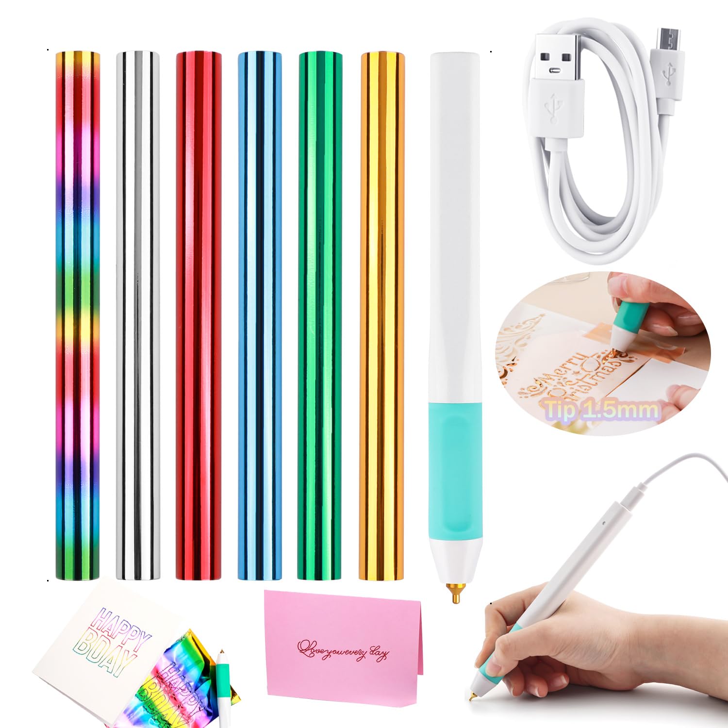 7PCS/Set Hot Heated Foil Pens & Hot Foil Roll Set for Card Making Craft Scrapbooking Drawing Pen with USB Cable DC5V Write, Trace, and Stencil Your Way to Shiny Foiled Beauty Using The Hot Foil