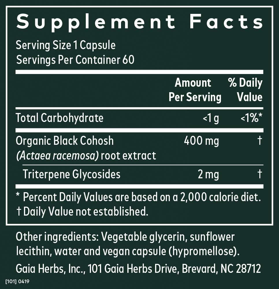 Gaia Herbs Black Cohosh, Vegan Liquid Capsules, 60 Count - Supports Healthy Menopause Transitions and Female Reproductive Function, 400mg Black Cohosh Root Extract: Health & Personal Care