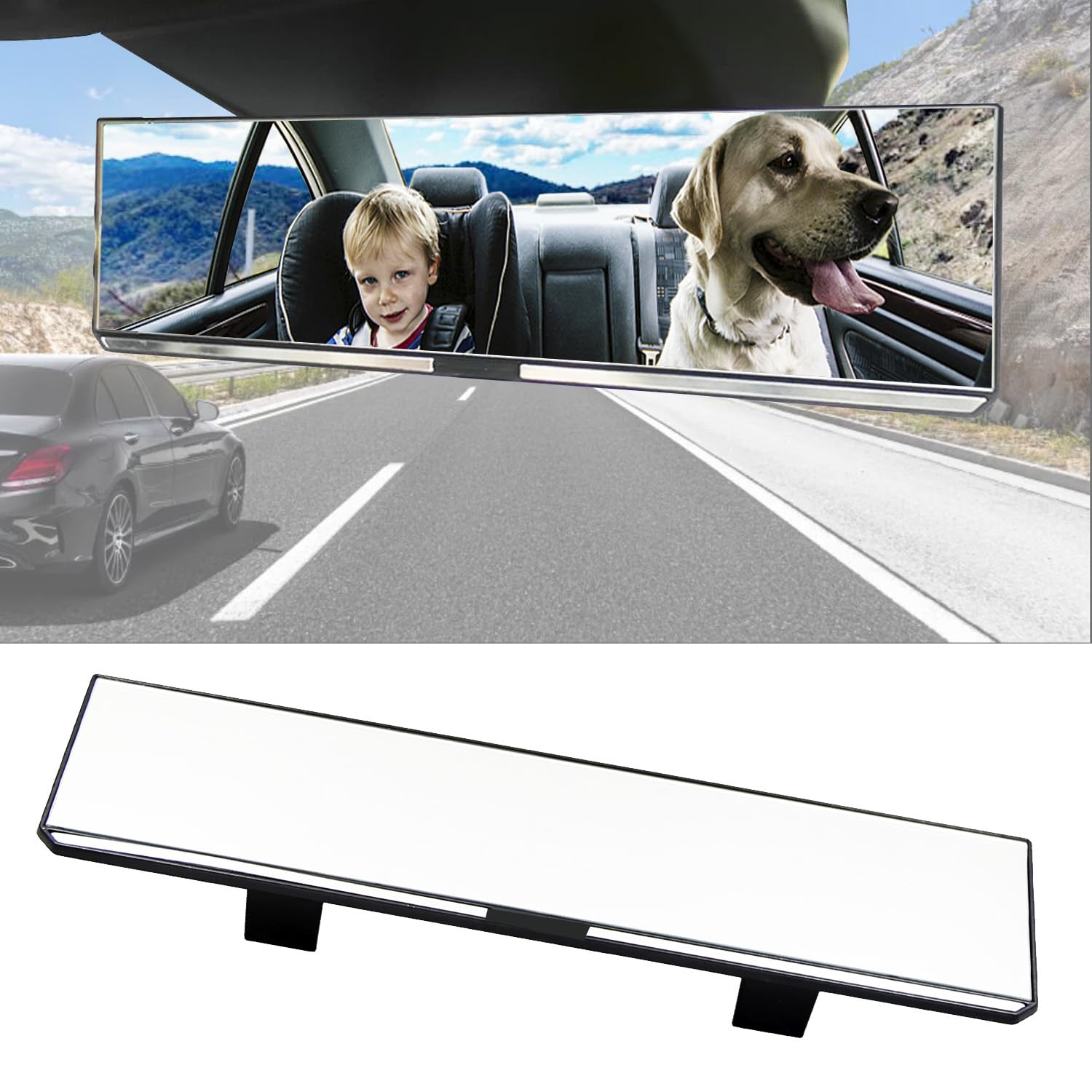KITBEST 300mm Wide Angle Rear View Mirror - Clip on Car Original Mirror, Flat Panoramic Auto Rearview to Eliminate Blind Spot for Cars SUV Trucks - 300 x 79mm White