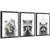 WRFON Raccoon Bathroom Wall Art Set of 3, Black and White Funny Animal Framed Canvas Prints, Farmhouse Wall Decor for Bathroom, Laundry Room or Kids Room, 12W x 16H Inch