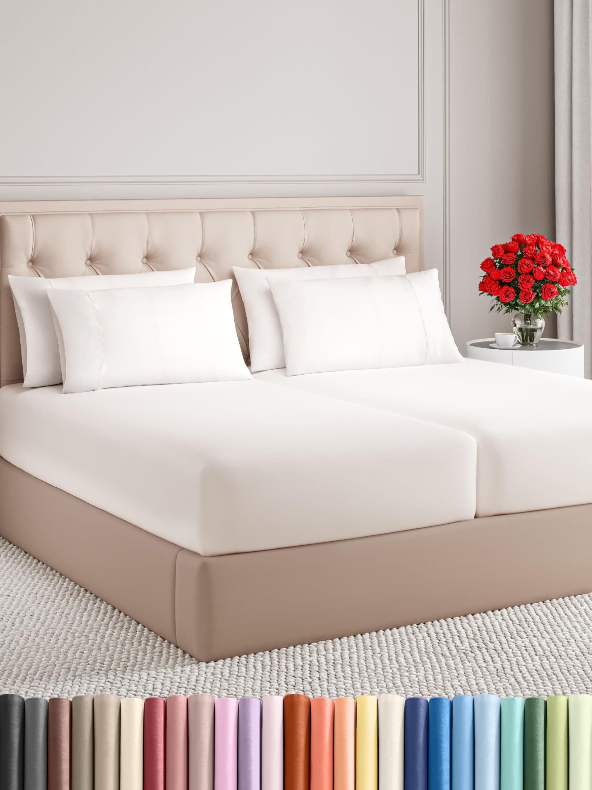 Photo 1 of Split King 7 Piece Sheet Set - Cooling Sheets for Hot Sleepers - Hotel Luxury Bedding Set with 8-16 Inch Deep Pockets - 1 Flat & 2 Fitted & 4 Pillowcases - Ultra Soft & Wrinkle Free - Antique White